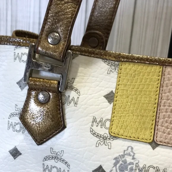 MCM Tote Bag White Logo Visetos Canvas Leather Trim Shoulder Bag - Picture 4 of 16